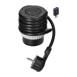 Prise de meuble encastrée Ø6cm avec chargeur USB avec prise Type C et adaptateur USB C-A et câble de 1.5m. 1x2P+Z avec système EasyEject, 1xUSB QC 3.0, noir